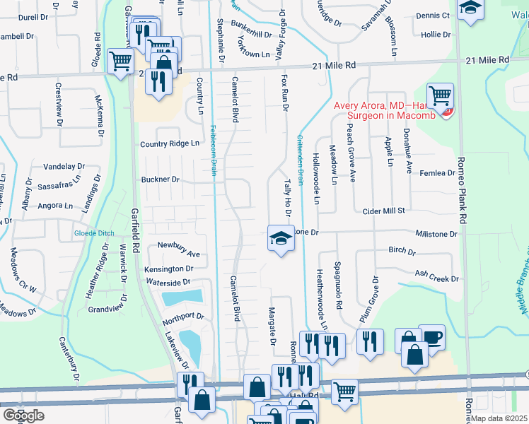 map of restaurants, bars, coffee shops, grocery stores, and more near 46111 Fox Run Dr in Macomb