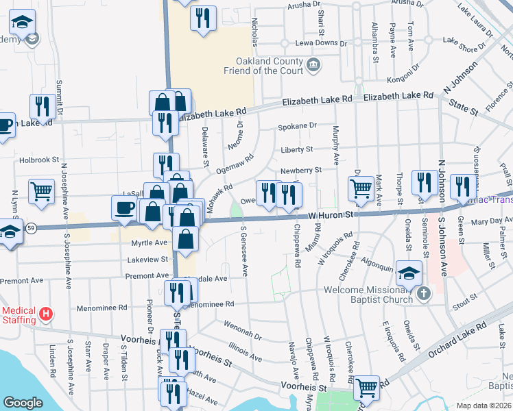 map of restaurants, bars, coffee shops, grocery stores, and more near 761 Owego Drive in Pontiac