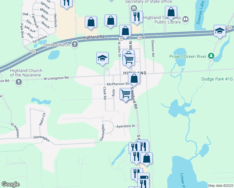 map of restaurants, bars, coffee shops, grocery stores, and more near 325 King in Highland Charter Township