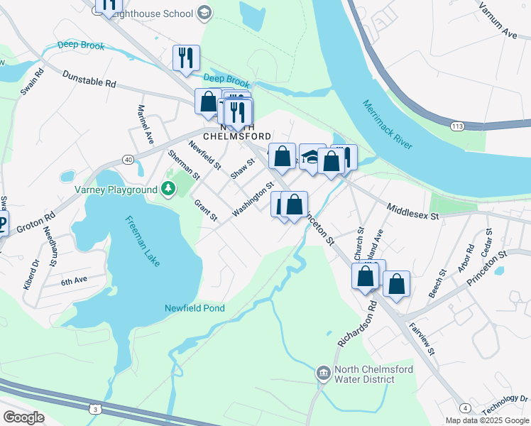 map of restaurants, bars, coffee shops, grocery stores, and more near 58 Gay Street in Chelmsford