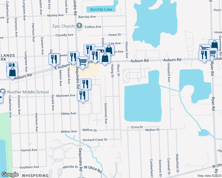 map of restaurants, bars, coffee shops, grocery stores, and more near 46599 Waco Street in Macomb County