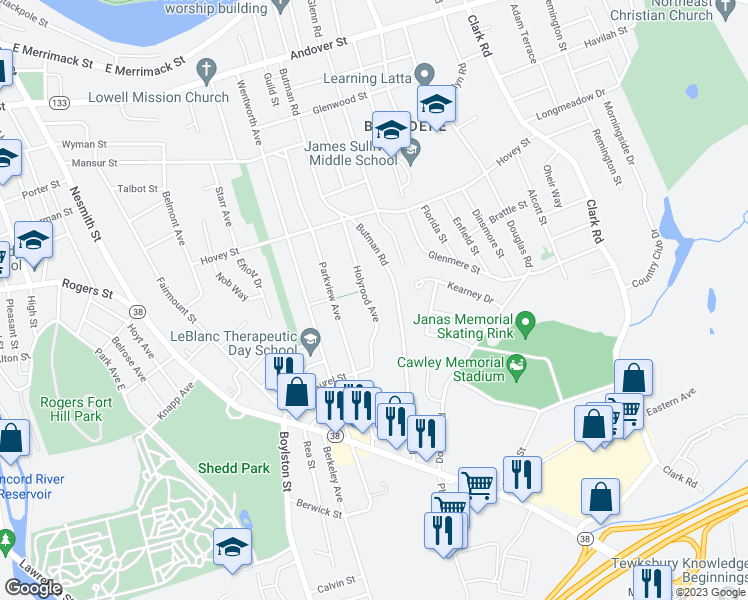 map of restaurants, bars, coffee shops, grocery stores, and more near 100 Holyrood Avenue in Lowell