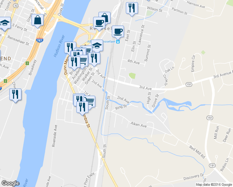 map of restaurants, bars, coffee shops, grocery stores, and more near 210 East Street in Rensselaer