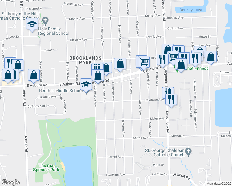 map of restaurants, bars, coffee shops, grocery stores, and more near 3011 Longview Avenue in Rochester Hills