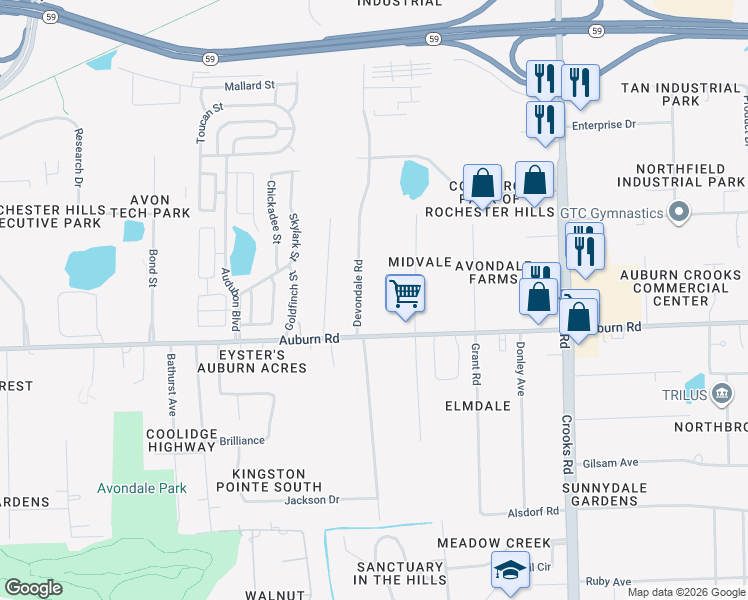 map of restaurants, bars, coffee shops, grocery stores, and more near 2905 Devondale Road in Rochester Hills