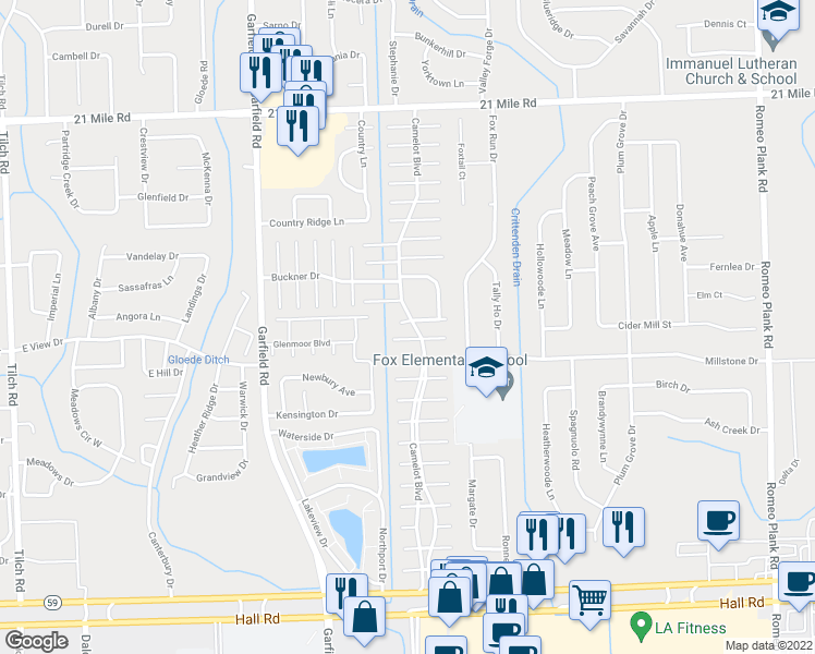 map of restaurants, bars, coffee shops, grocery stores, and more near 17020 Saint Charles Drive in Macomb