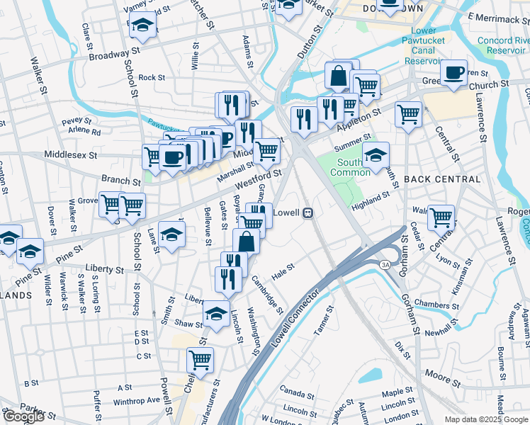 map of restaurants, bars, coffee shops, grocery stores, and more near 112 Grand Street in Lowell