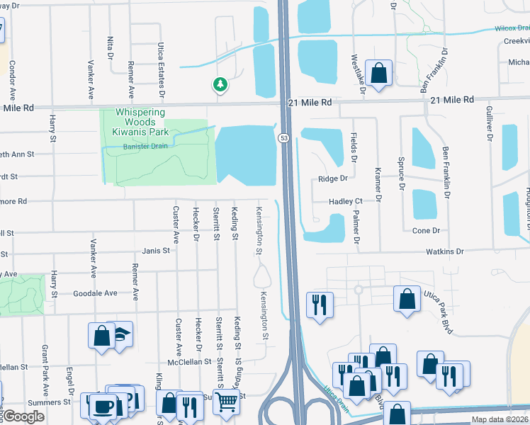 map of restaurants, bars, coffee shops, grocery stores, and more near 45796 Kensington Street in Utica