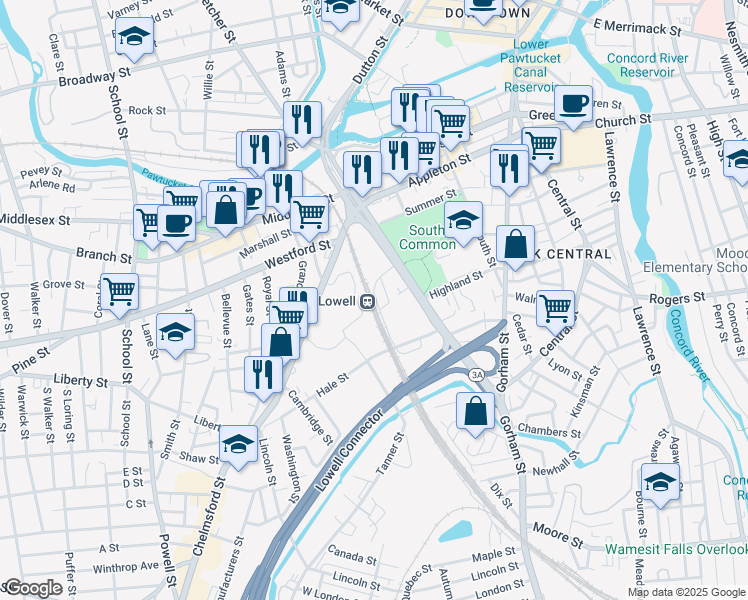 map of restaurants, bars, coffee shops, grocery stores, and more near 1 Hale Street in Lowell