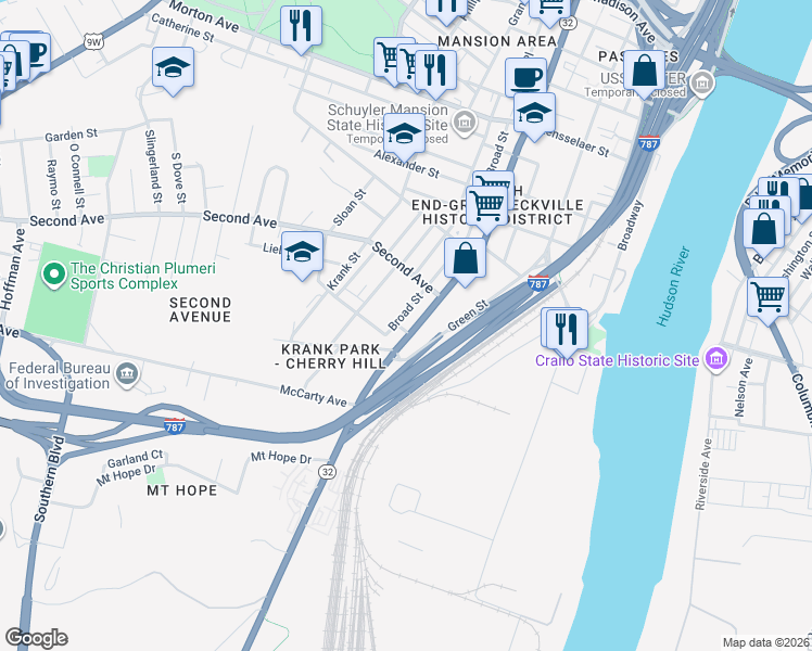 map of restaurants, bars, coffee shops, grocery stores, and more near 477 South Pearl Street in Albany