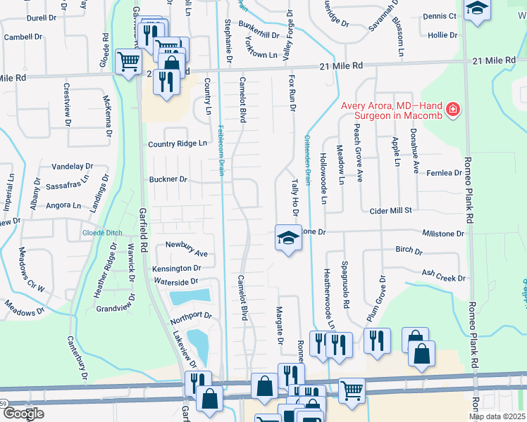 map of restaurants, bars, coffee shops, grocery stores, and more near 46111 Fox Run Drive in Macomb