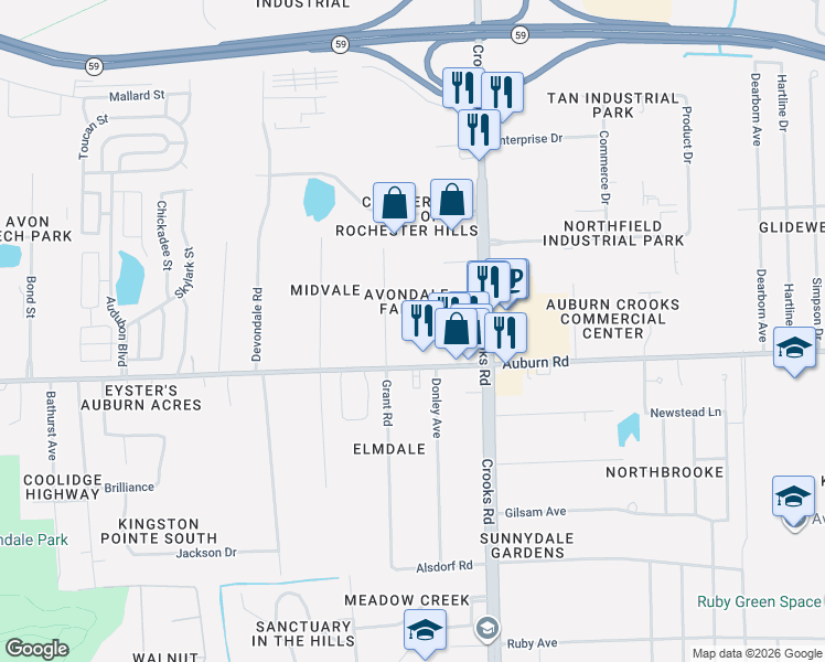 map of restaurants, bars, coffee shops, grocery stores, and more near 2931 Grant Road in Rochester Hills