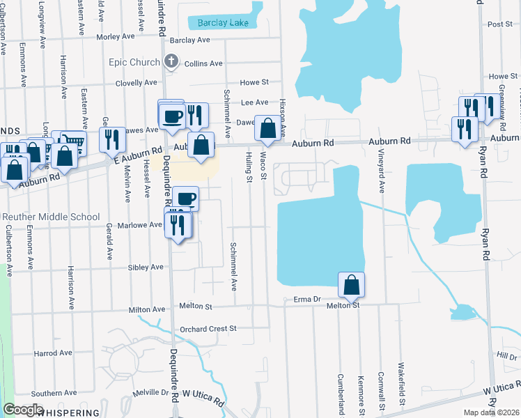 map of restaurants, bars, coffee shops, grocery stores, and more near 46599 Waco Street in Macomb County