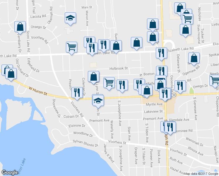 map of restaurants, bars, coffee shops, grocery stores, and more near 1119 LaSalle Avenue in Waterford Township