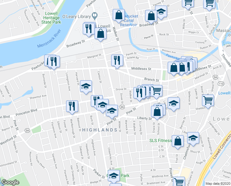 map of restaurants, bars, coffee shops, grocery stores, and more near 348 Wilder Street in Lowell