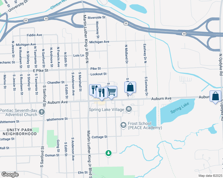 map of restaurants, bars, coffee shops, grocery stores, and more near 85 South Astor Street in Pontiac