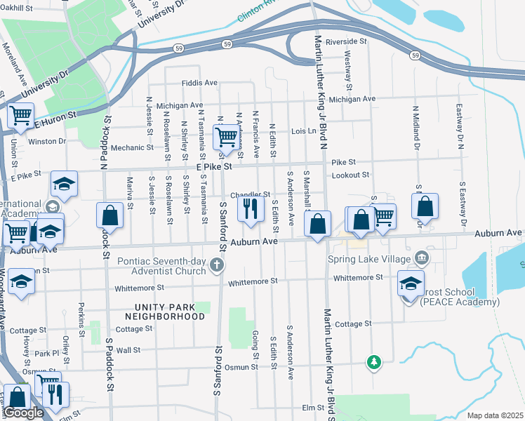 map of restaurants, bars, coffee shops, grocery stores, and more near 73 South Francis Street in Pontiac