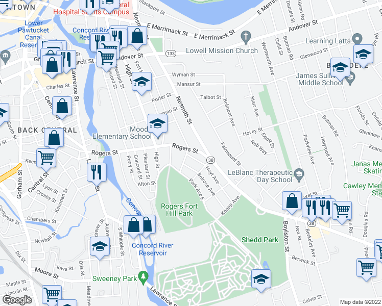 map of restaurants, bars, coffee shops, grocery stores, and more near 100 Hanks Street in Lowell