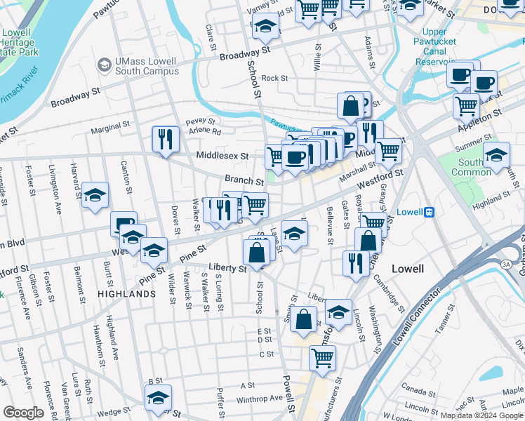 map of restaurants, bars, coffee shops, grocery stores, and more near 532 School Street in Lowell