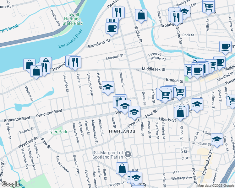 map of restaurants, bars, coffee shops, grocery stores, and more near 134 Stevens Street in Lowell