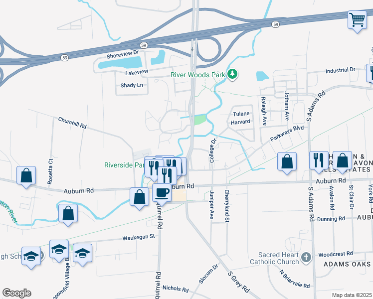 map of restaurants, bars, coffee shops, grocery stores, and more near 111 North Squirrel Road in Auburn Hills