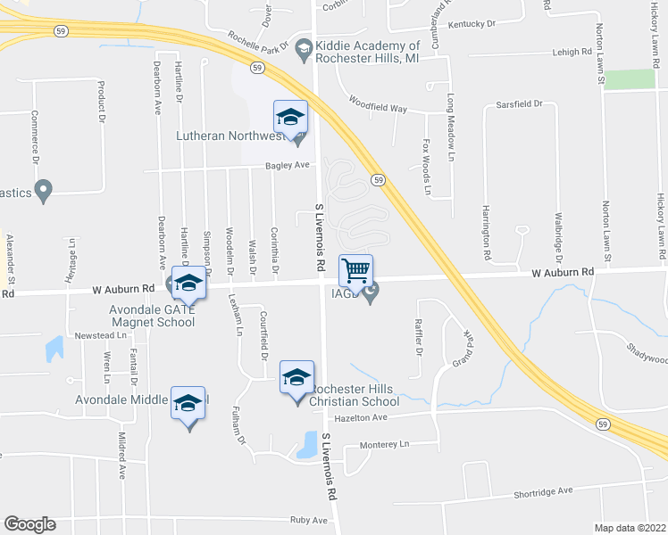 map of restaurants, bars, coffee shops, grocery stores, and more near 990 West Auburn Road in Rochester Hills