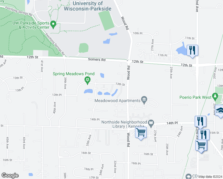 map of restaurants, bars, coffee shops, grocery stores, and more near 1318 32nd Court in Kenosha