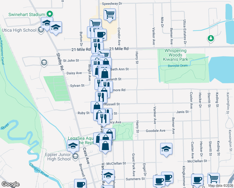 map of restaurants, bars, coffee shops, grocery stores, and more near 8092 Messmore Road in Macomb County