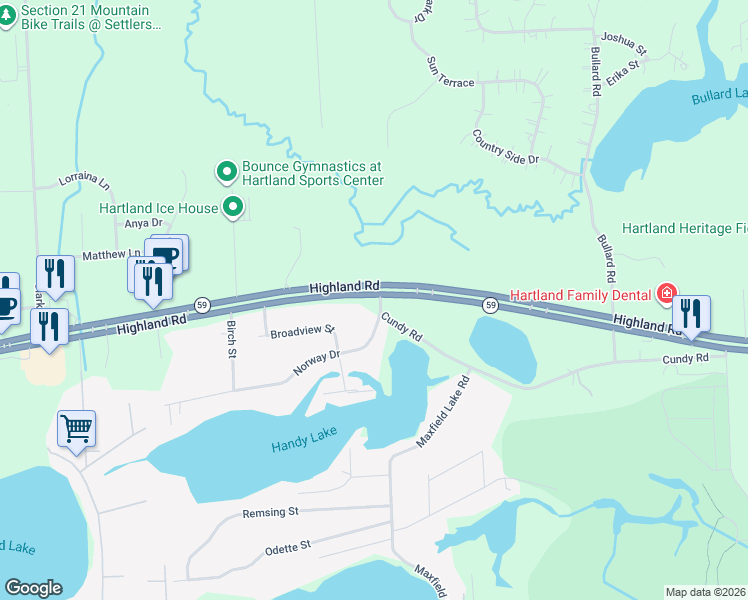 map of restaurants, bars, coffee shops, grocery stores, and more near 11730 Cundy Road in Hartland