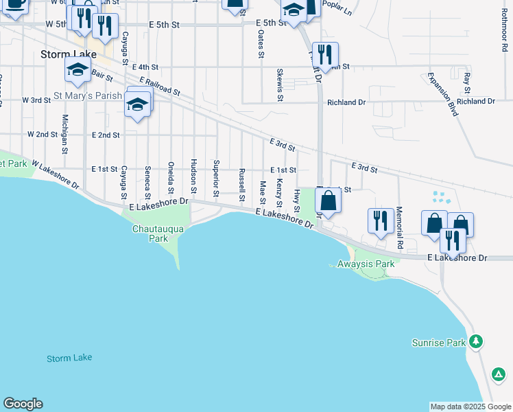 map of restaurants, bars, coffee shops, grocery stores, and more near 815 East Lakeshore Drive in Storm Lake