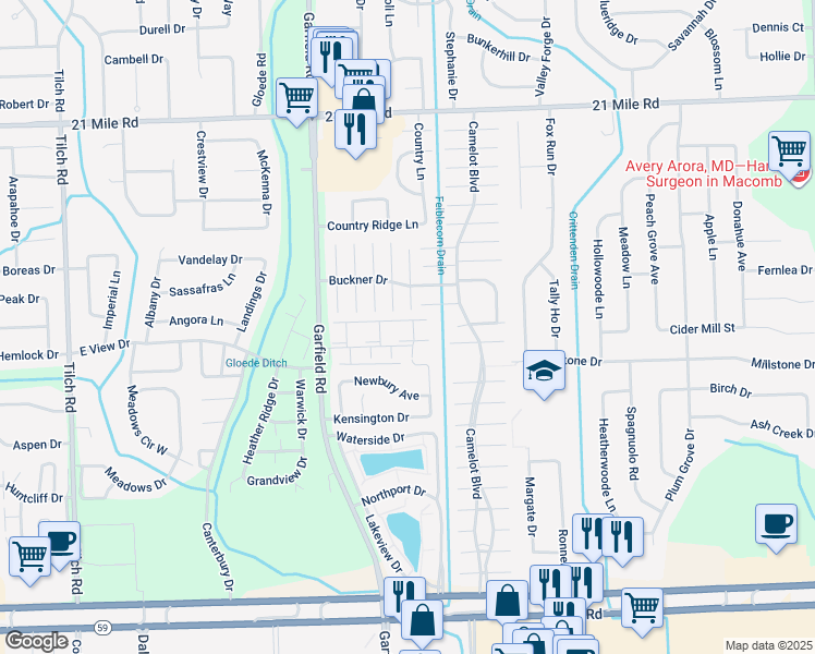 map of restaurants, bars, coffee shops, grocery stores, and more near 4625 Cavalier Drive in Macomb