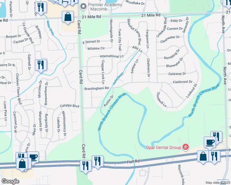 map of restaurants, bars, coffee shops, grocery stores, and more near 45962 Austin Drive in Macomb