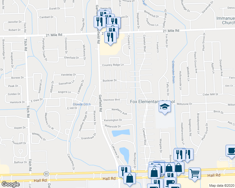 map of restaurants, bars, coffee shops, grocery stores, and more near 46259 Baldwin Drive in Macomb