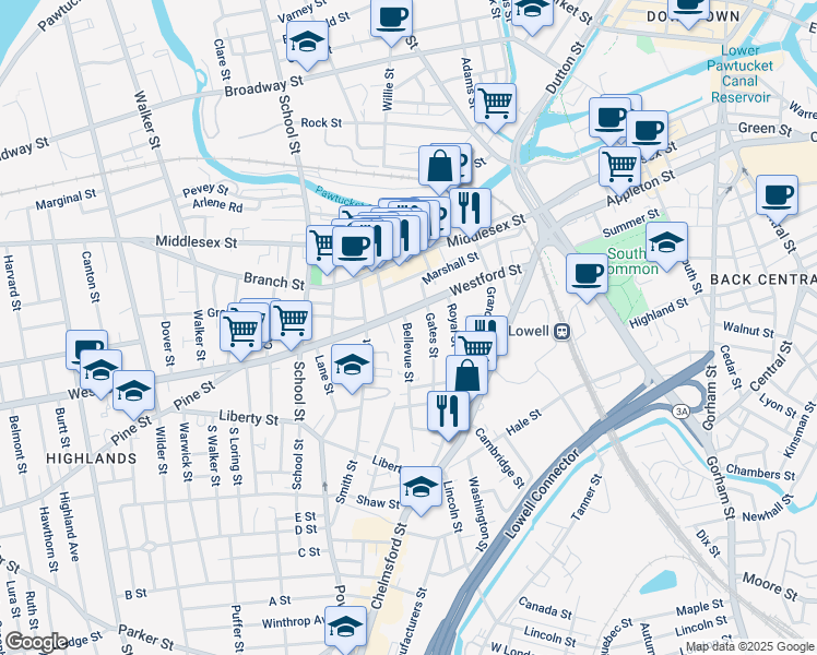 map of restaurants, bars, coffee shops, grocery stores, and more near 16 Bellevue Street in Lowell