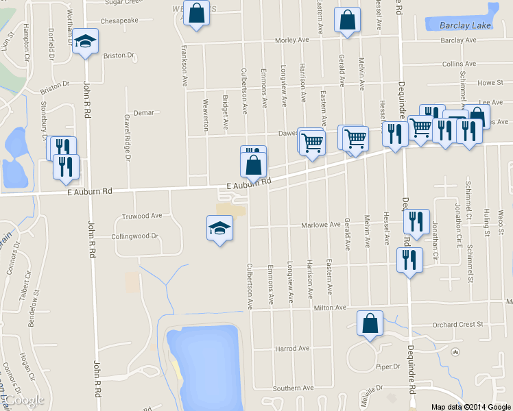 map of restaurants, bars, coffee shops, grocery stores, and more near 2995 Culbertson Avenue in Rochester Hills