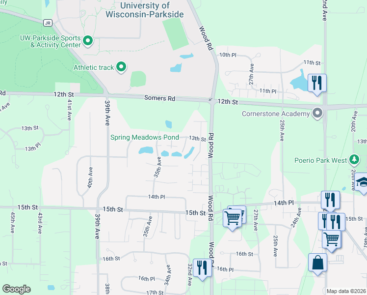 map of restaurants, bars, coffee shops, grocery stores, and more near 1318 32nd Court in Kenosha