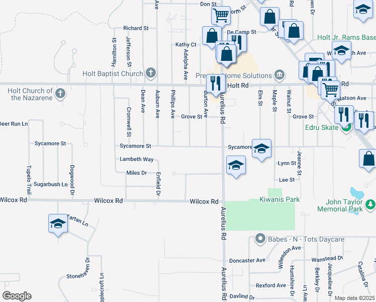 map of restaurants, bars, coffee shops, grocery stores, and more near 4575 Sycamore Street in Holt