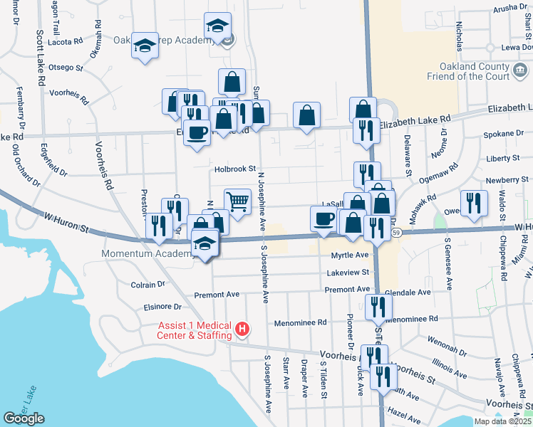 map of restaurants, bars, coffee shops, grocery stores, and more near 1073 LaSalle Avenue in Waterford Township