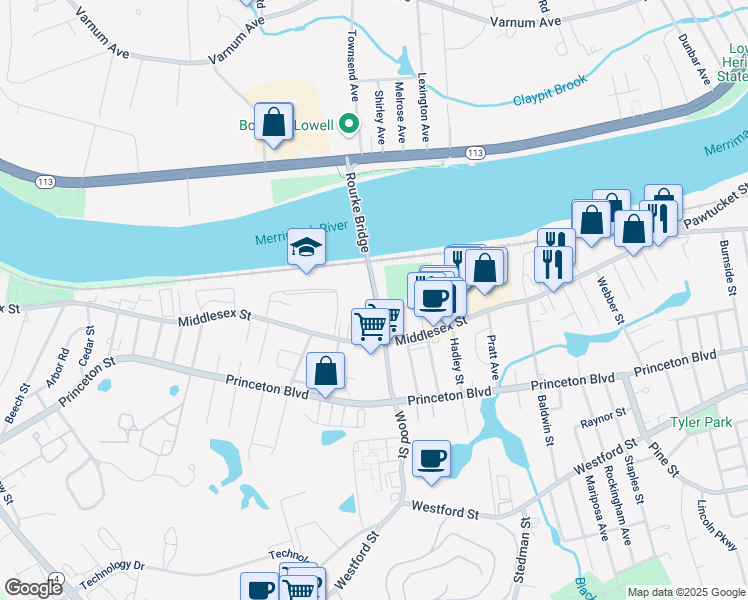 map of restaurants, bars, coffee shops, grocery stores, and more near 1781 Middlesex Street in Lowell