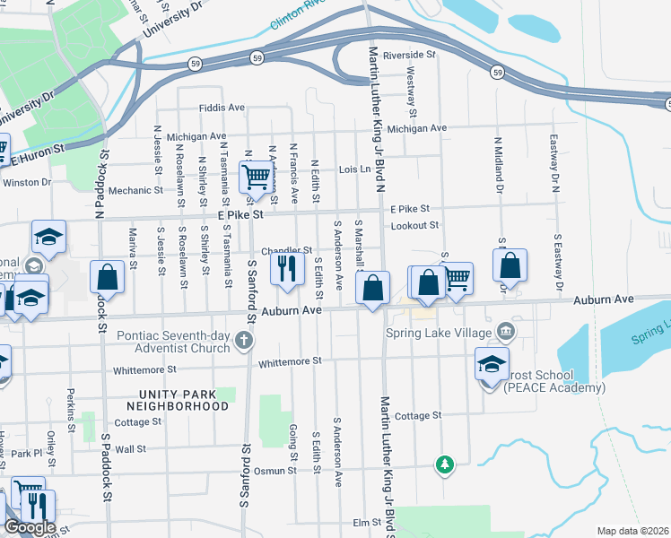 map of restaurants, bars, coffee shops, grocery stores, and more near 74 South Anderson Avenue in Pontiac