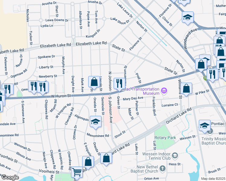 map of restaurants, bars, coffee shops, grocery stores, and more near 442 West Huron Street in Pontiac
