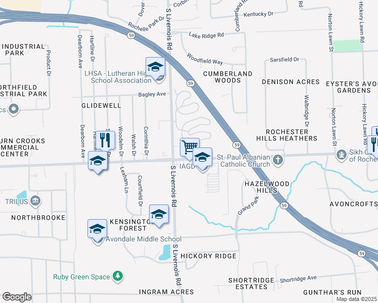 map of restaurants, bars, coffee shops, grocery stores, and more near 930 West Auburn Road in Rochester Hills