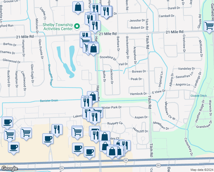 map of restaurants, bars, coffee shops, grocery stores, and more near 46214 Butte Drive in Macomb