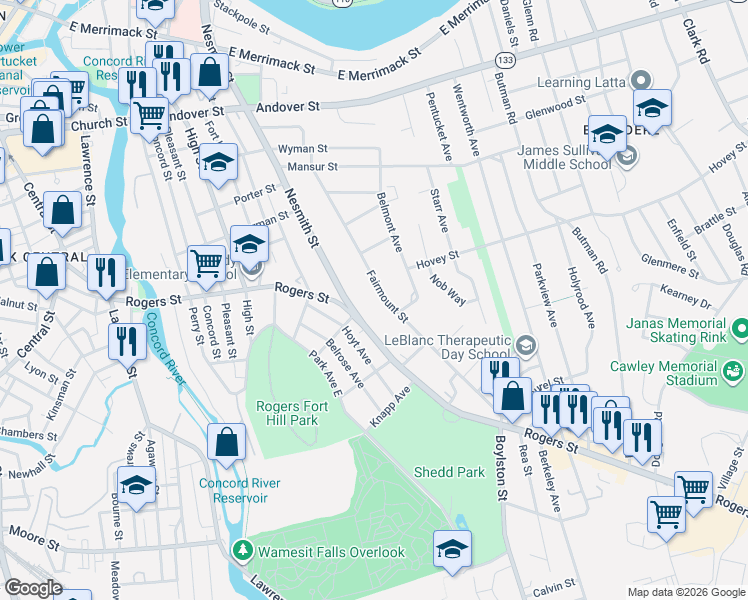 map of restaurants, bars, coffee shops, grocery stores, and more near 169 Fairmount Street in Lowell