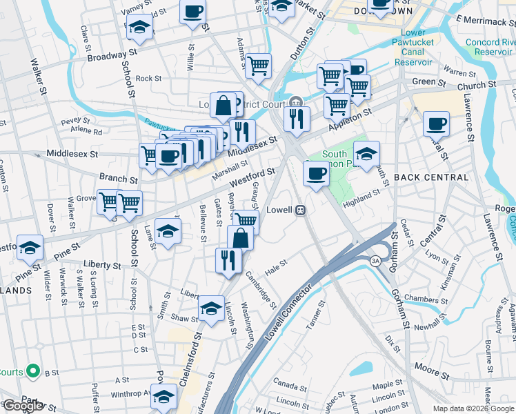 map of restaurants, bars, coffee shops, grocery stores, and more near 112 Grand Street in Lowell