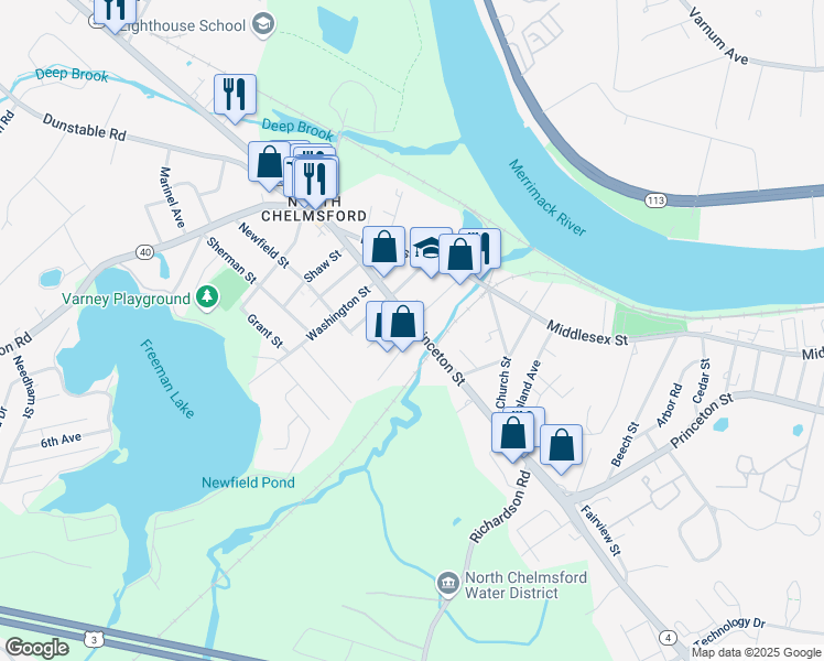 map of restaurants, bars, coffee shops, grocery stores, and more near 67 Princeton Drive in Chelmsford
