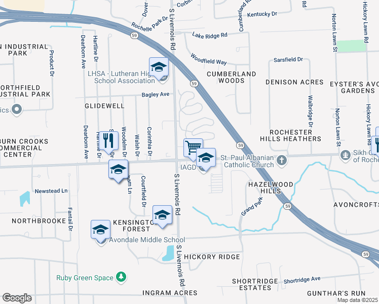 map of restaurants, bars, coffee shops, grocery stores, and more near 990 West Auburn Road in Rochester Hills