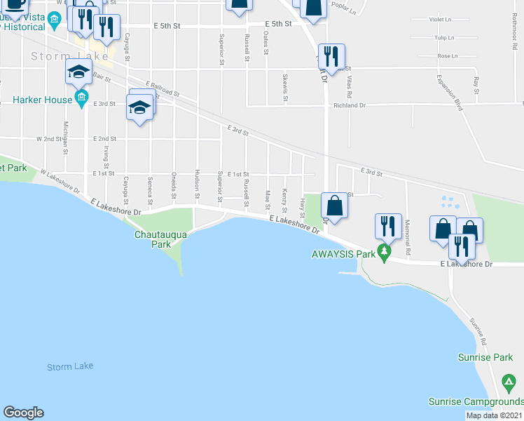 map of restaurants, bars, coffee shops, grocery stores, and more near 815 East Lakeshore Drive in Storm Lake