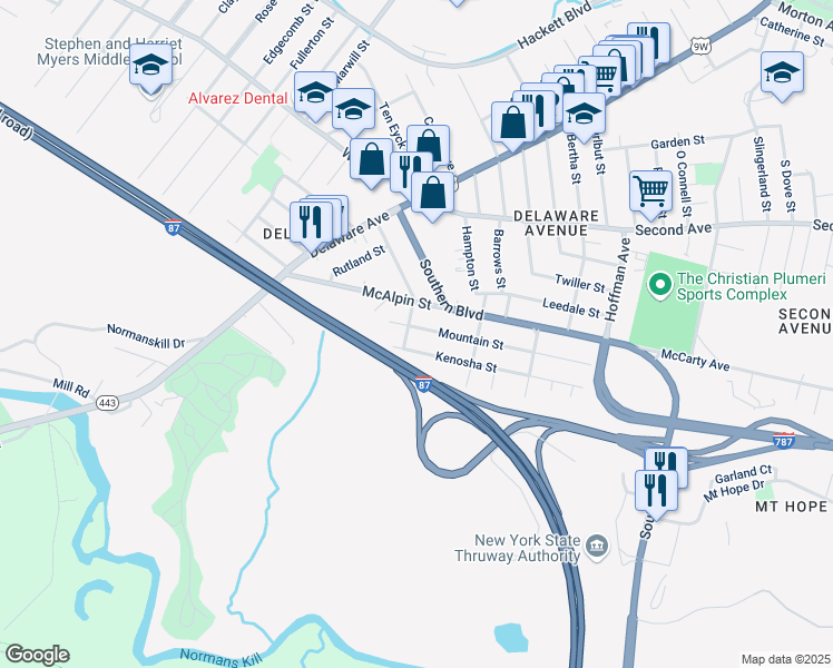 map of restaurants, bars, coffee shops, grocery stores, and more near 390 Mountain Street in Albany