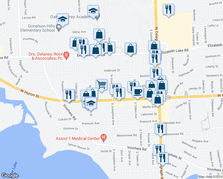 map of restaurants, bars, coffee shops, grocery stores, and more near 1085 La Salle Street in Waterford Township